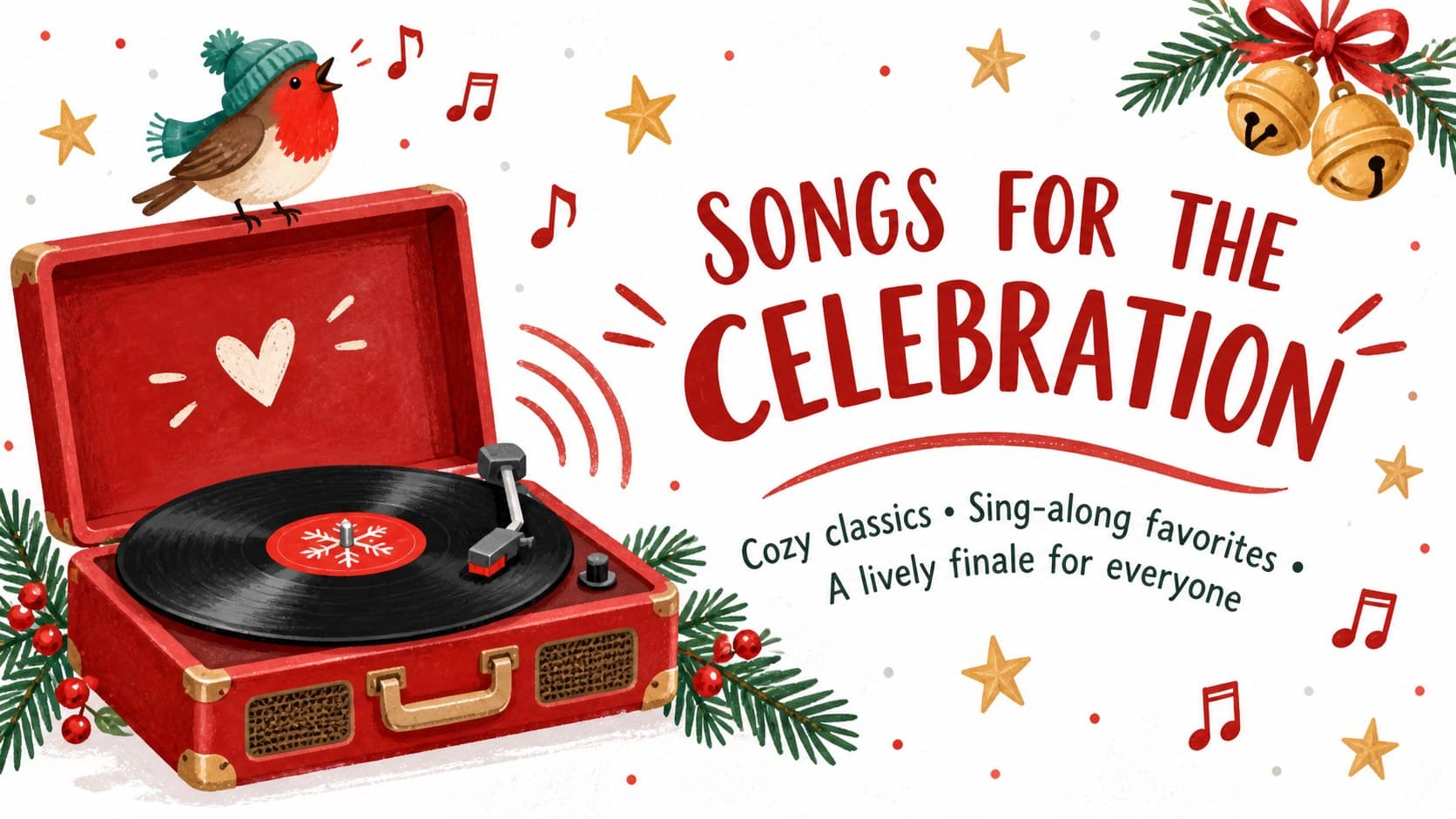 Storybook Christmas presentation theme slide sharing a festive music playlist for a family gathering.