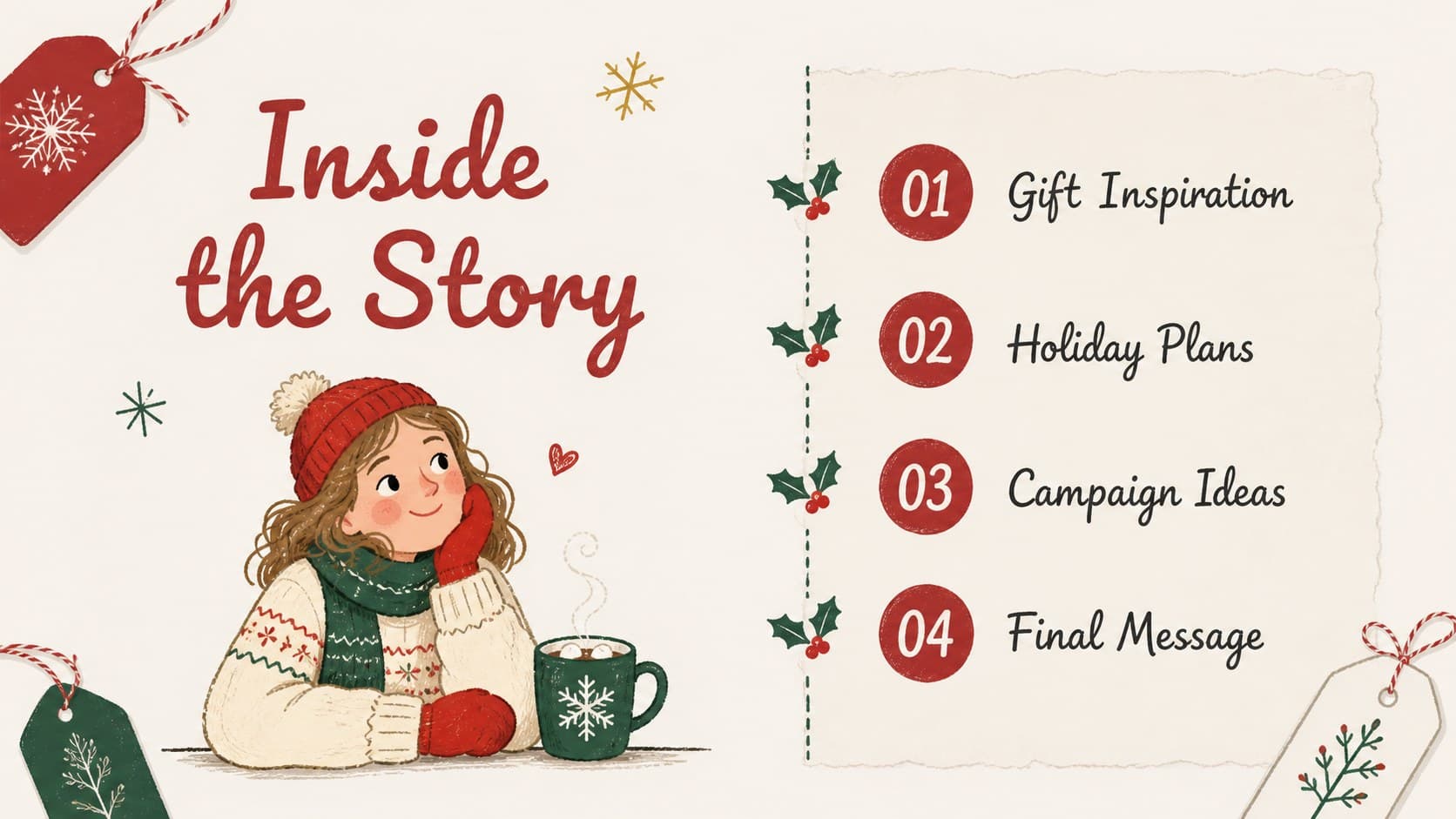 Agenda slide outlining the sections of a Christmas gift storytelling deck.