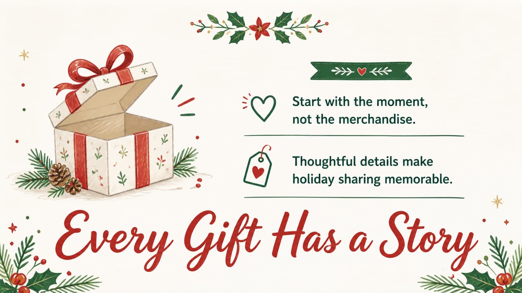 Holiday introduction slide presenting a thoughtful gift story for a festive audience.