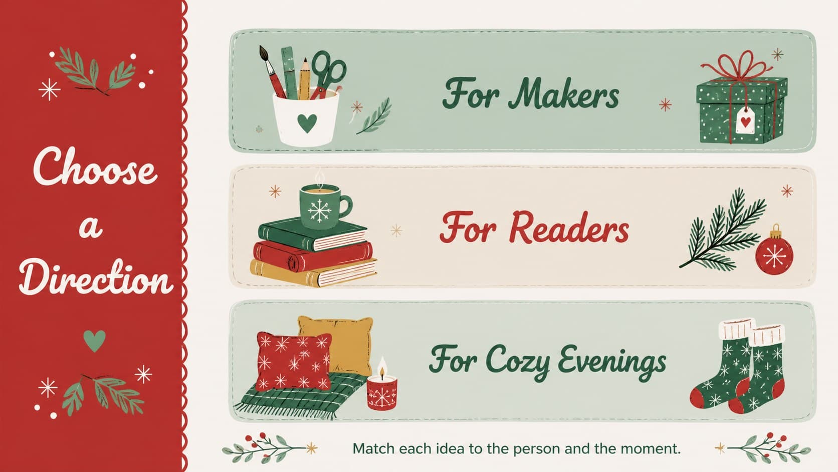 Gift category slide organizing practical and playful Christmas gift ideas.