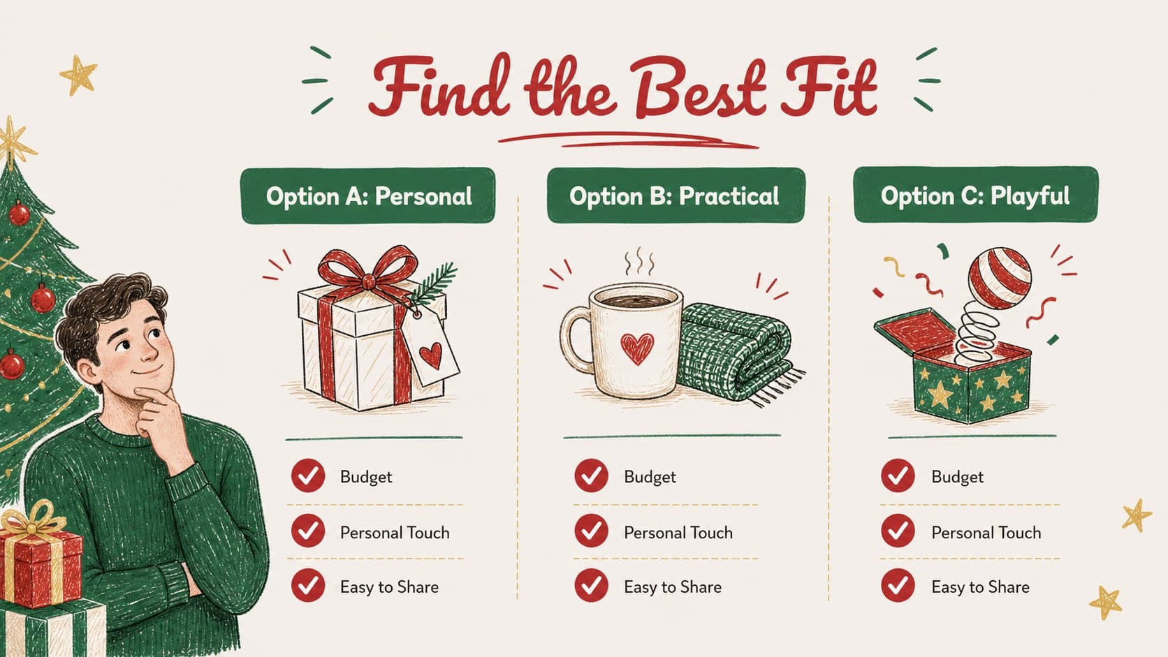 Comparison slide weighing three holiday gift options with illustrated visual cues.