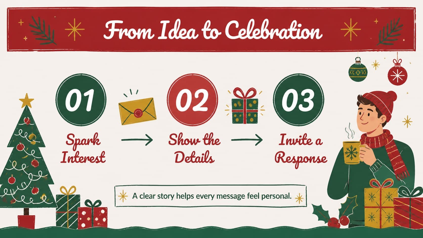 Campaign slide mapping a Christmas gift promotion from idea to audience response.