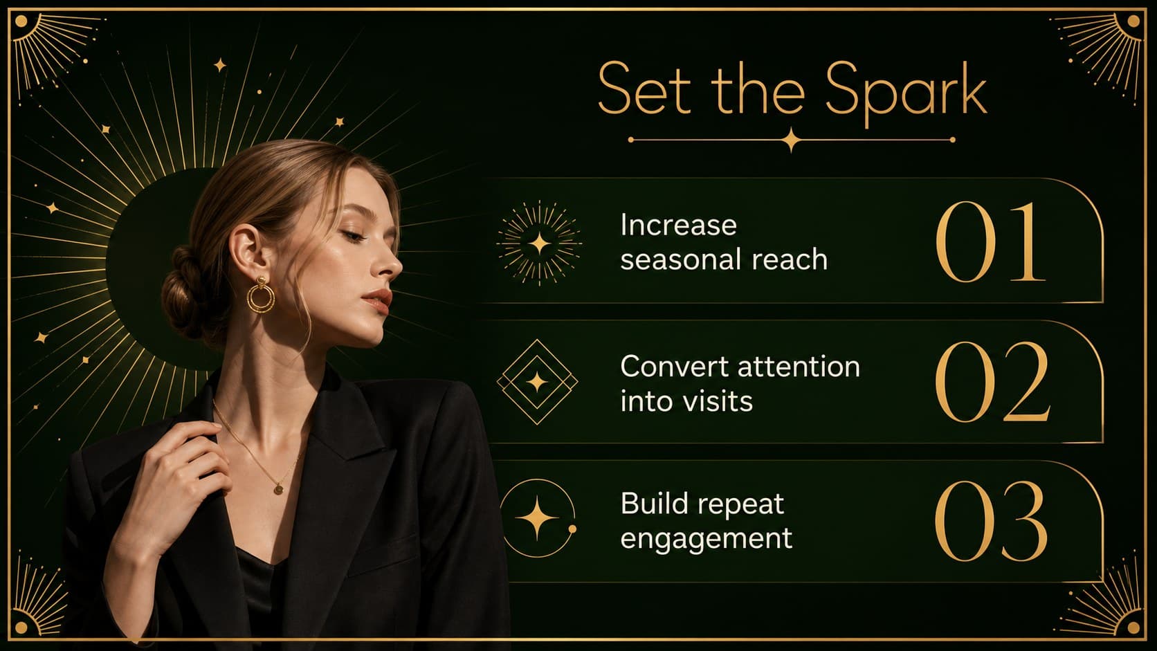 Campaign objective slide presenting seasonal goals in a black and gold holiday marketing strategy presentation.