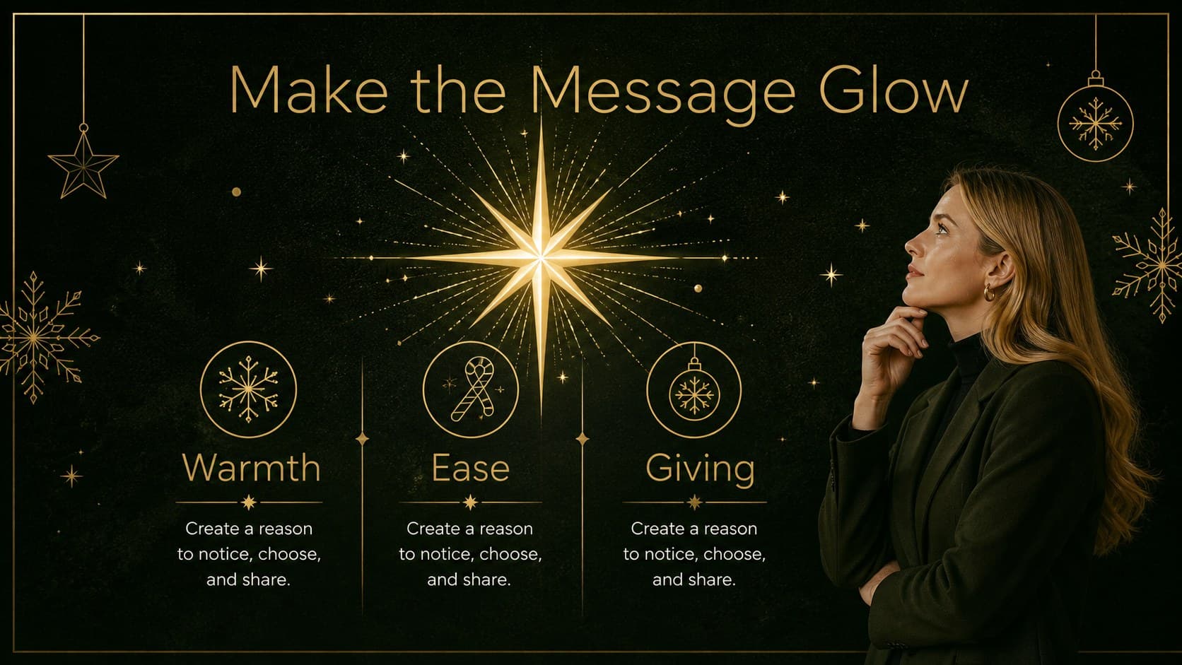 Message framework slide showing three holiday campaign pillars in a black and gold presentation design.