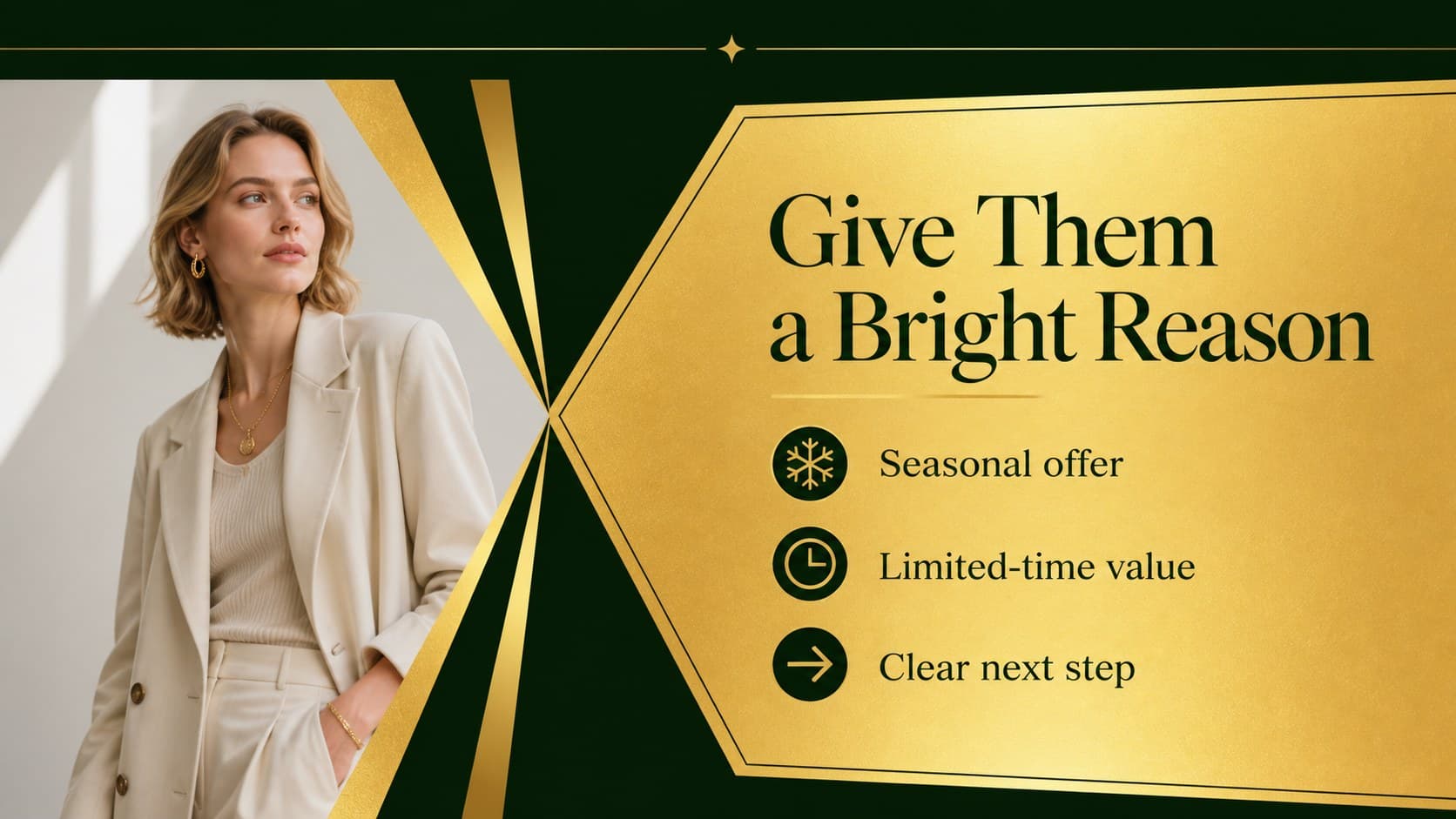 Campaign offer slide presenting a featured holiday promotion with gold typography and luminous light graphics.