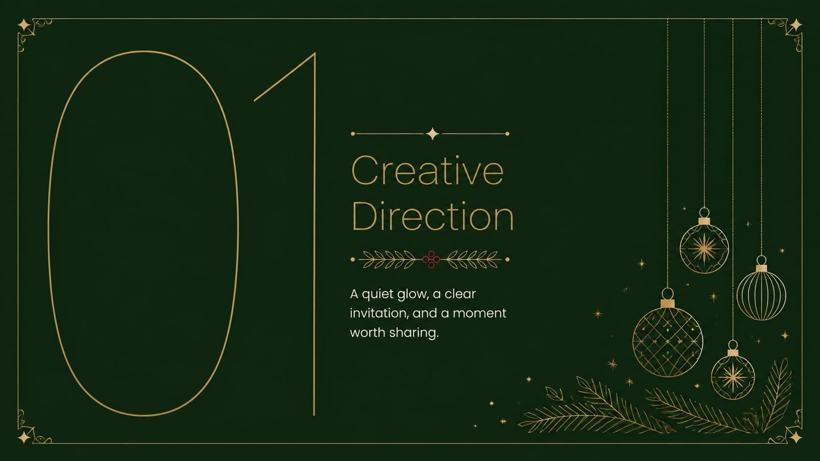 Creative concept slide showing a refined holiday campaign idea in an elegant black and gold layout.