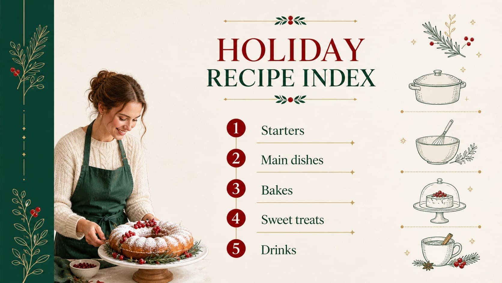 Recipe index slide showing a festive table of contents for a Christmas recipe booklet.