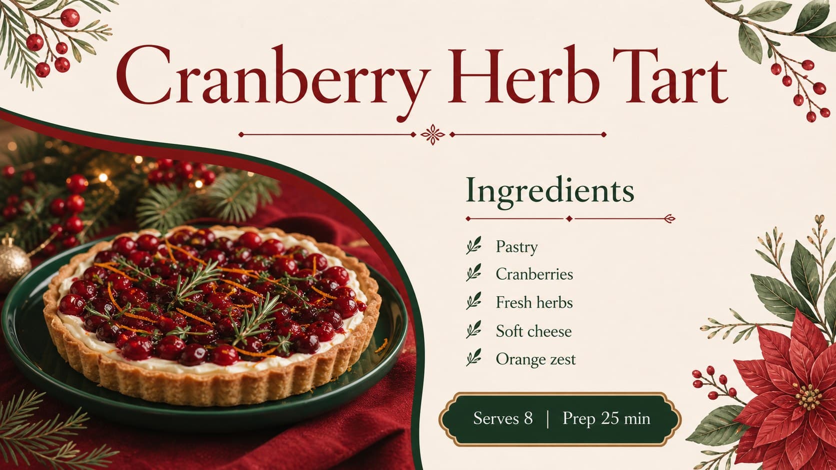 Ingredient checklist slide for an editable holiday recipe presentation with red and green accents.