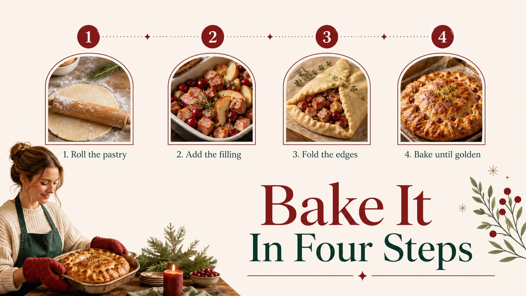 Step-by-step cooking guide slide in a red and green festive recipe booklet layout.