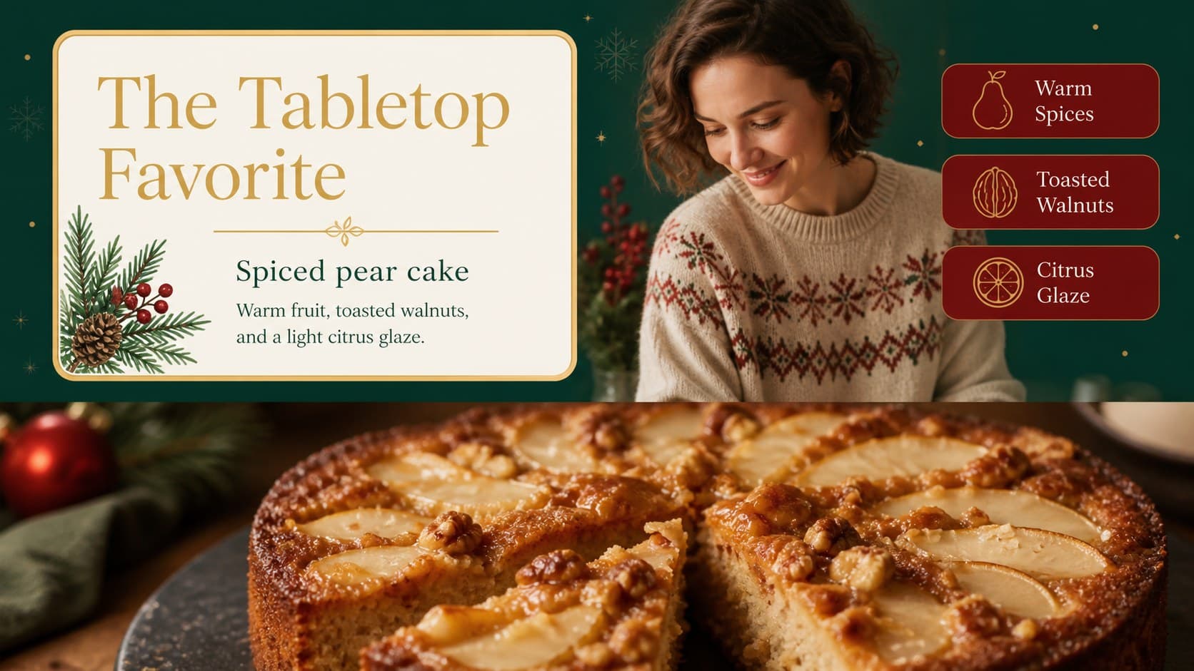 Featured holiday dessert slide for a red green Christmas menu template.