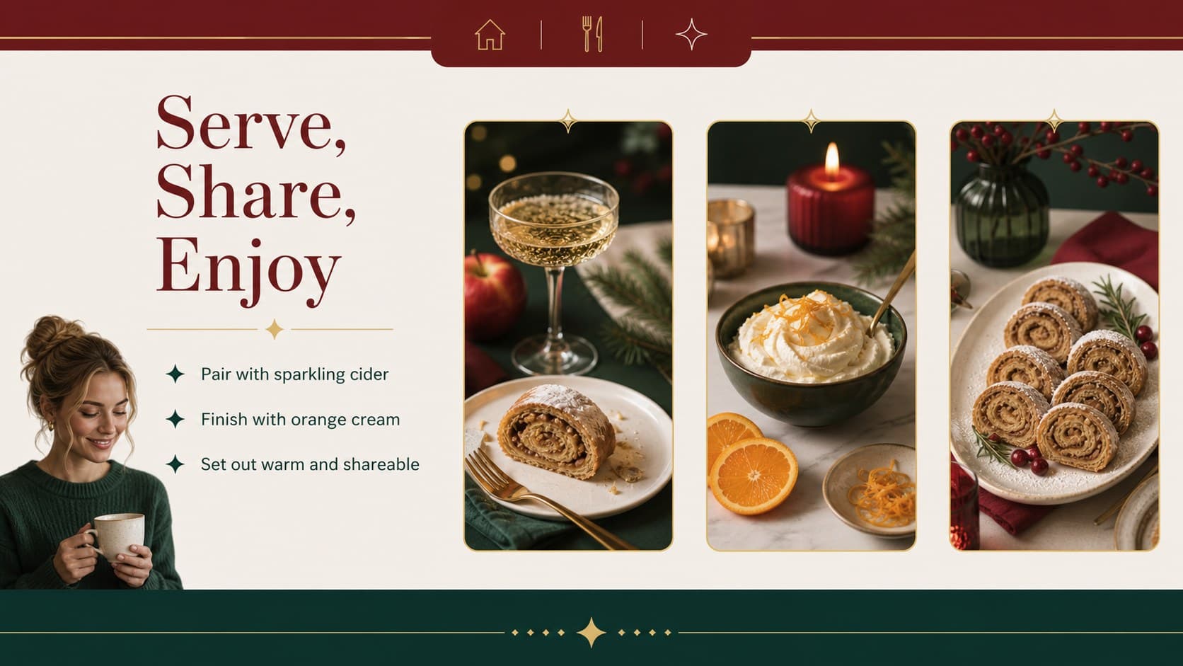 Serving suggestions slide from a printable Christmas recipe deck with elegant seasonal styling.