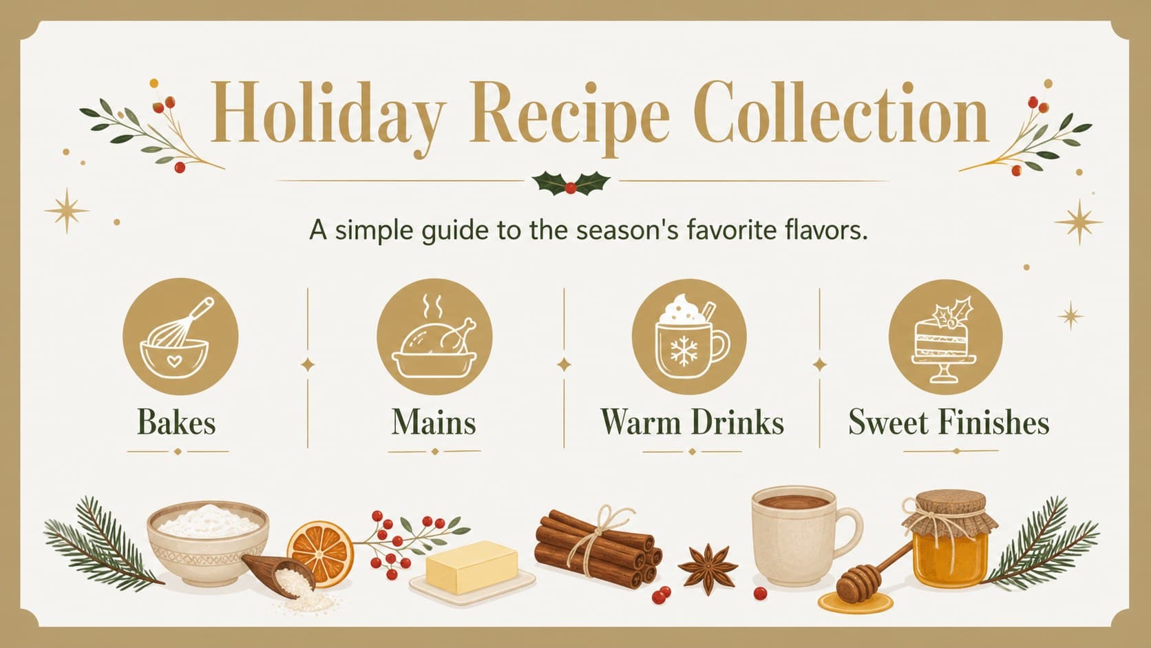 Recipe collection overview slide showing festive dish categories in a gold illustrated layout.