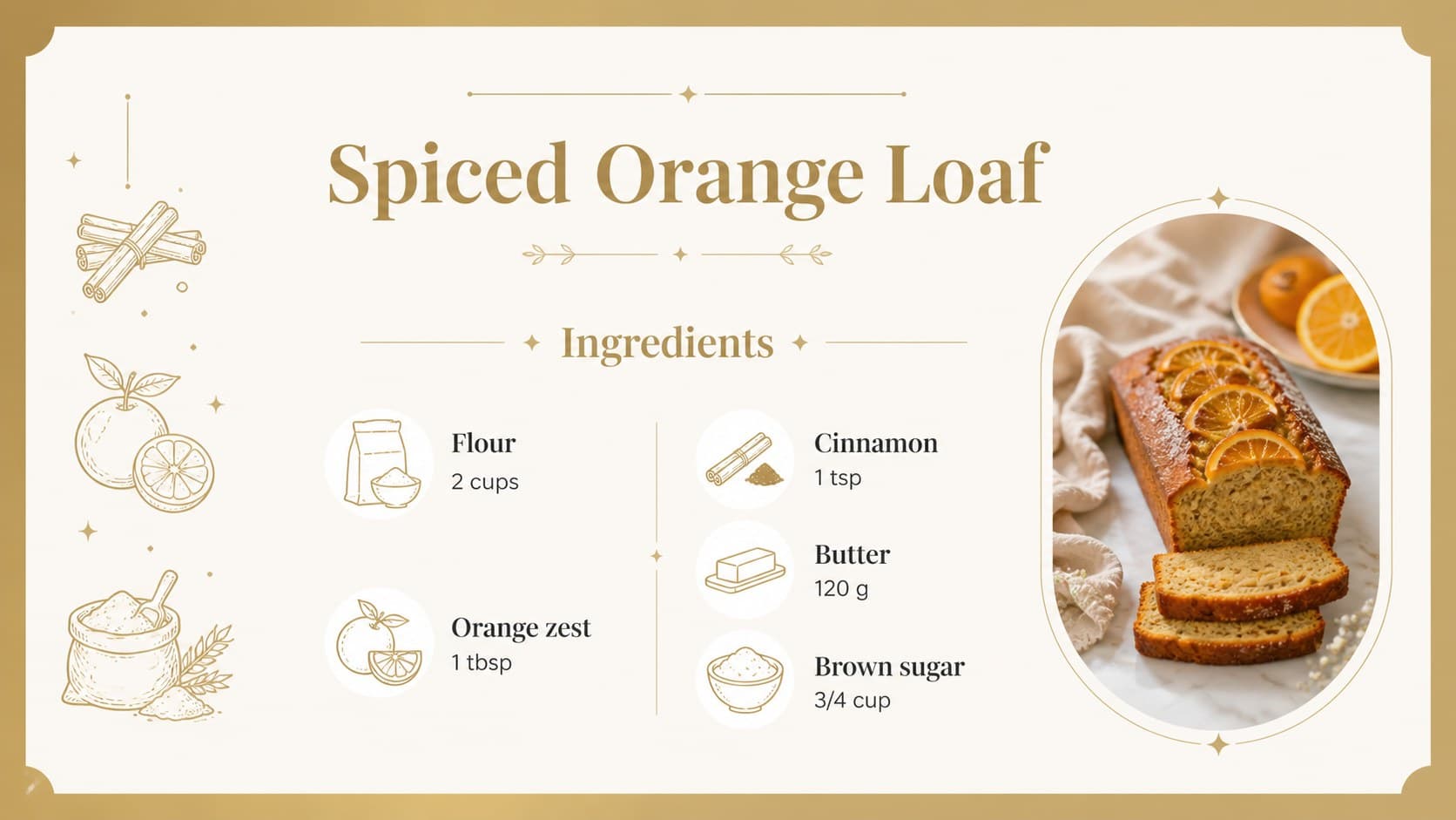 Festive ingredient list slide for a holiday recipe with gold icons on a clean white background.