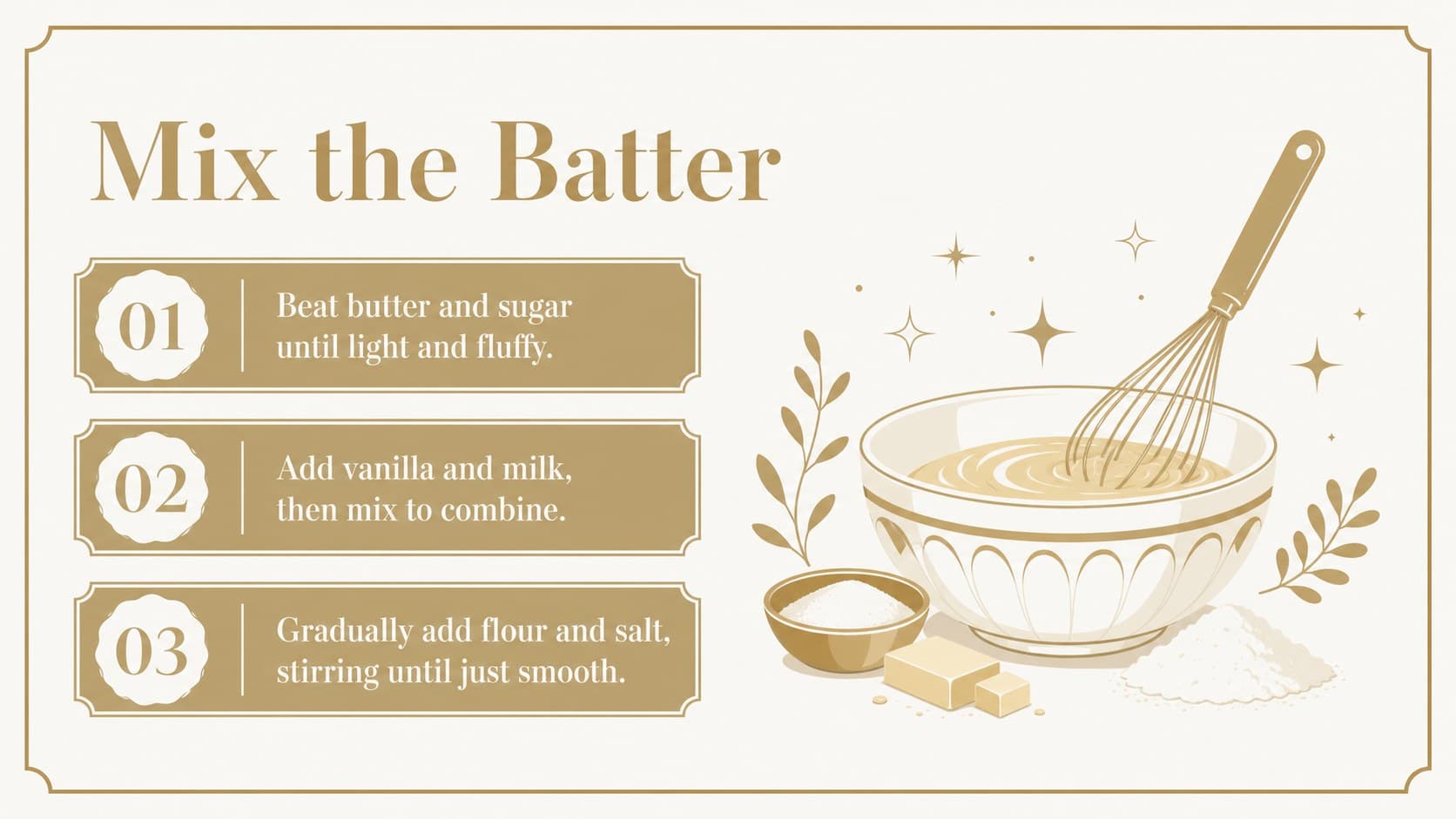 Step-by-step festive cooking instructions slide with gold numbering and illustrated ingredients.