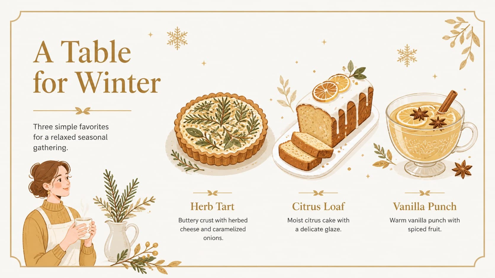 Holiday menu presentation slide featuring three seasonal dishes and gold category labels.