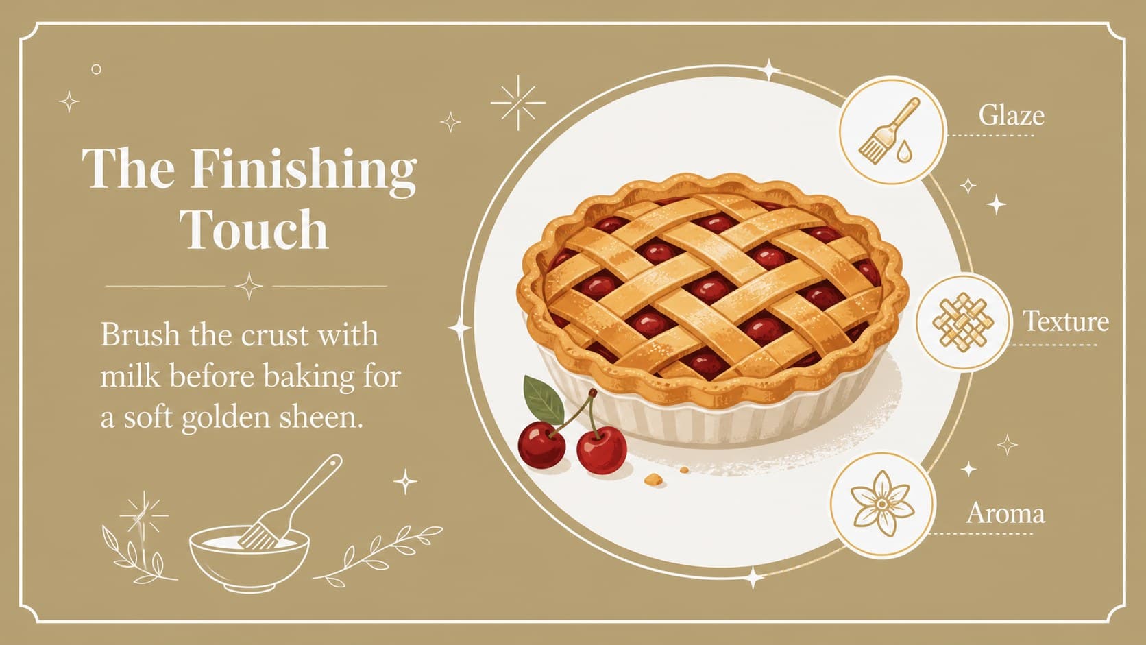 Recipe detail slide with preparation notes and a gold illustrated holiday food composition.