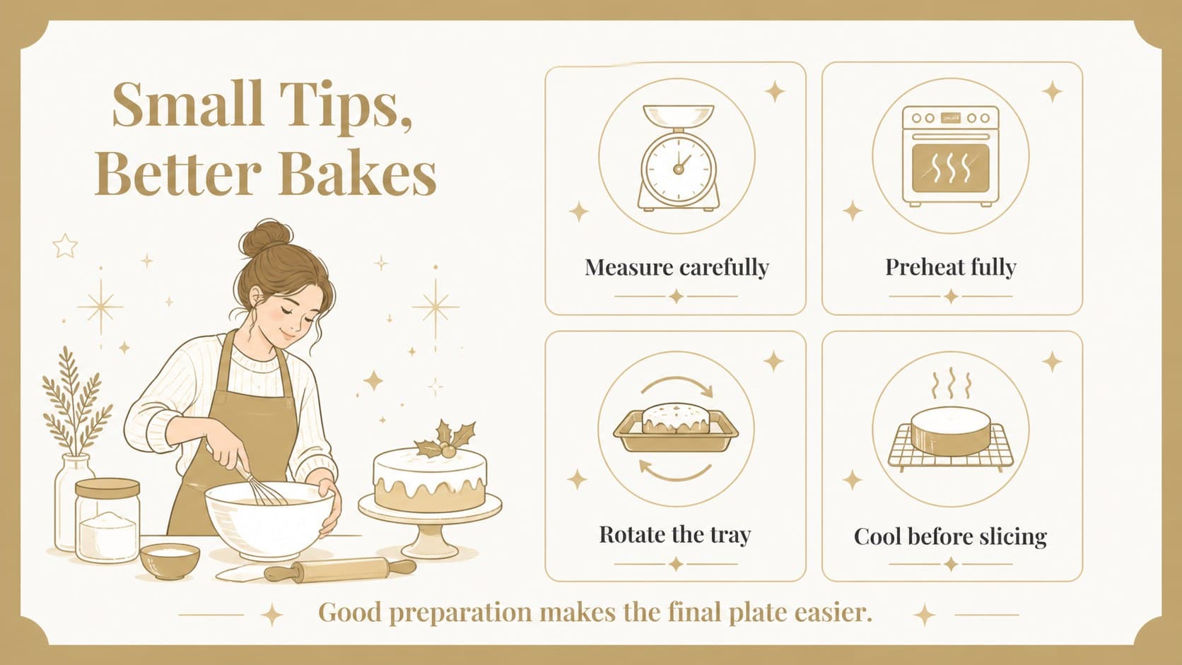 Cooking tips slide with practical holiday baking advice in a clean gold-and-white layout.