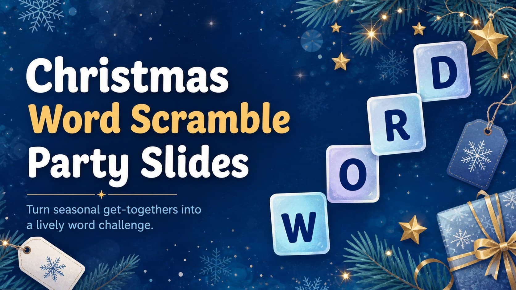 Cover for Christmas Word Scramble Party Slides with blue winter artwork and festive letter tiles.