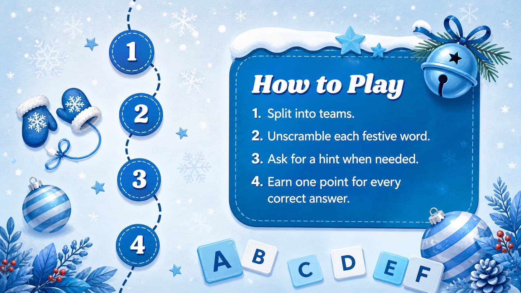 Blue illustrated holiday game instructions slide explaining how to play the Christmas word scramble.