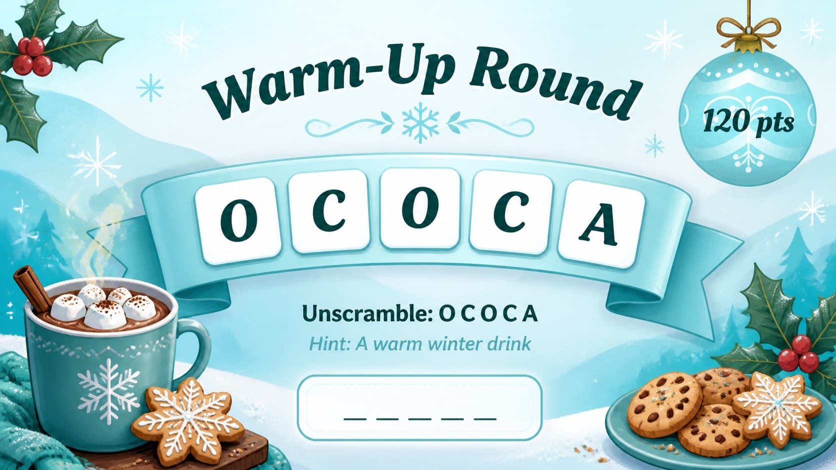 Festive warm-up activity slide featuring an easy Christmas anagram game for families and classrooms.