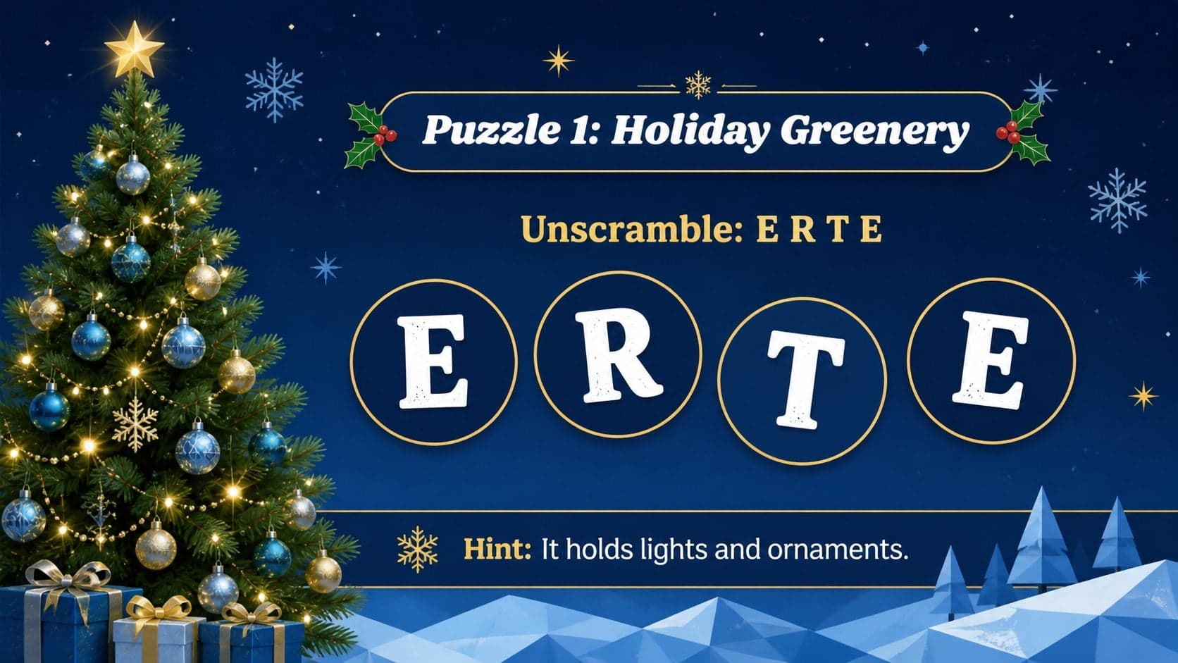 Christmas word scramble party slide with a tree-themed puzzle in a bright blue illustrated layout.