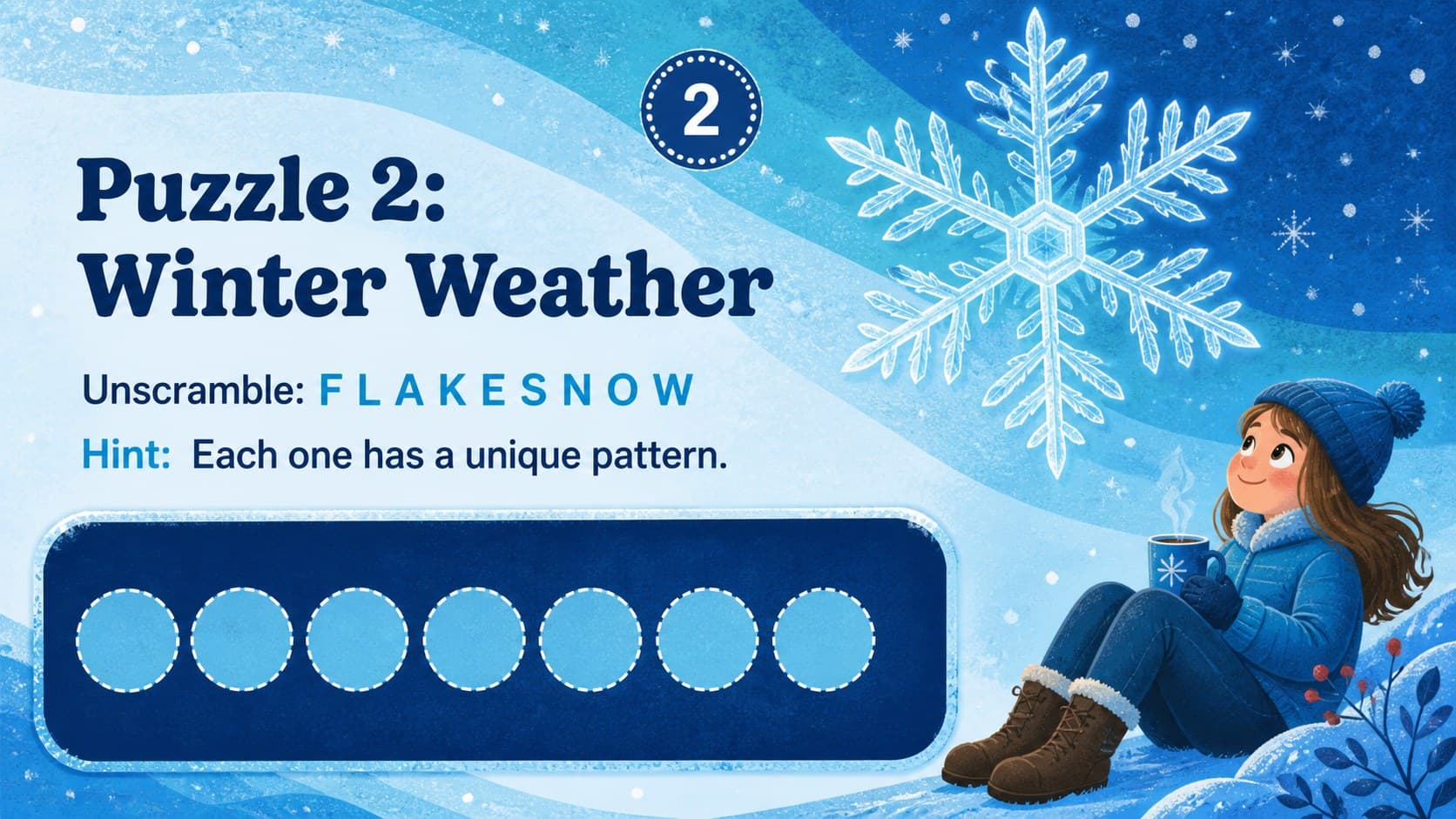 Blue winter word puzzle slide showing a scrambled snowflake clue for an interactive holiday word game.