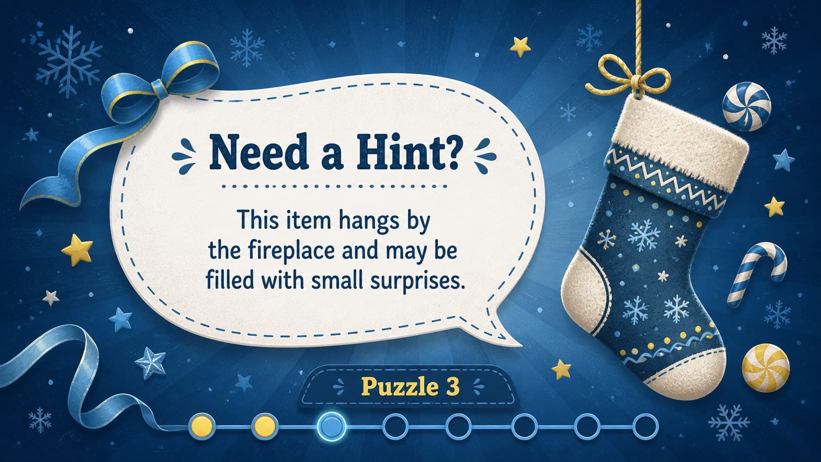 Holiday hint slide with an illustrated stocking and a clue for the Christmas vocabulary game.