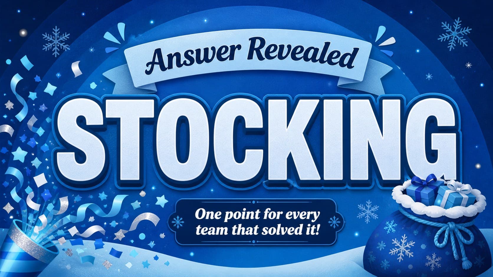 Answer reveal slide for a Christmas word scramble showing the completed word stocking.