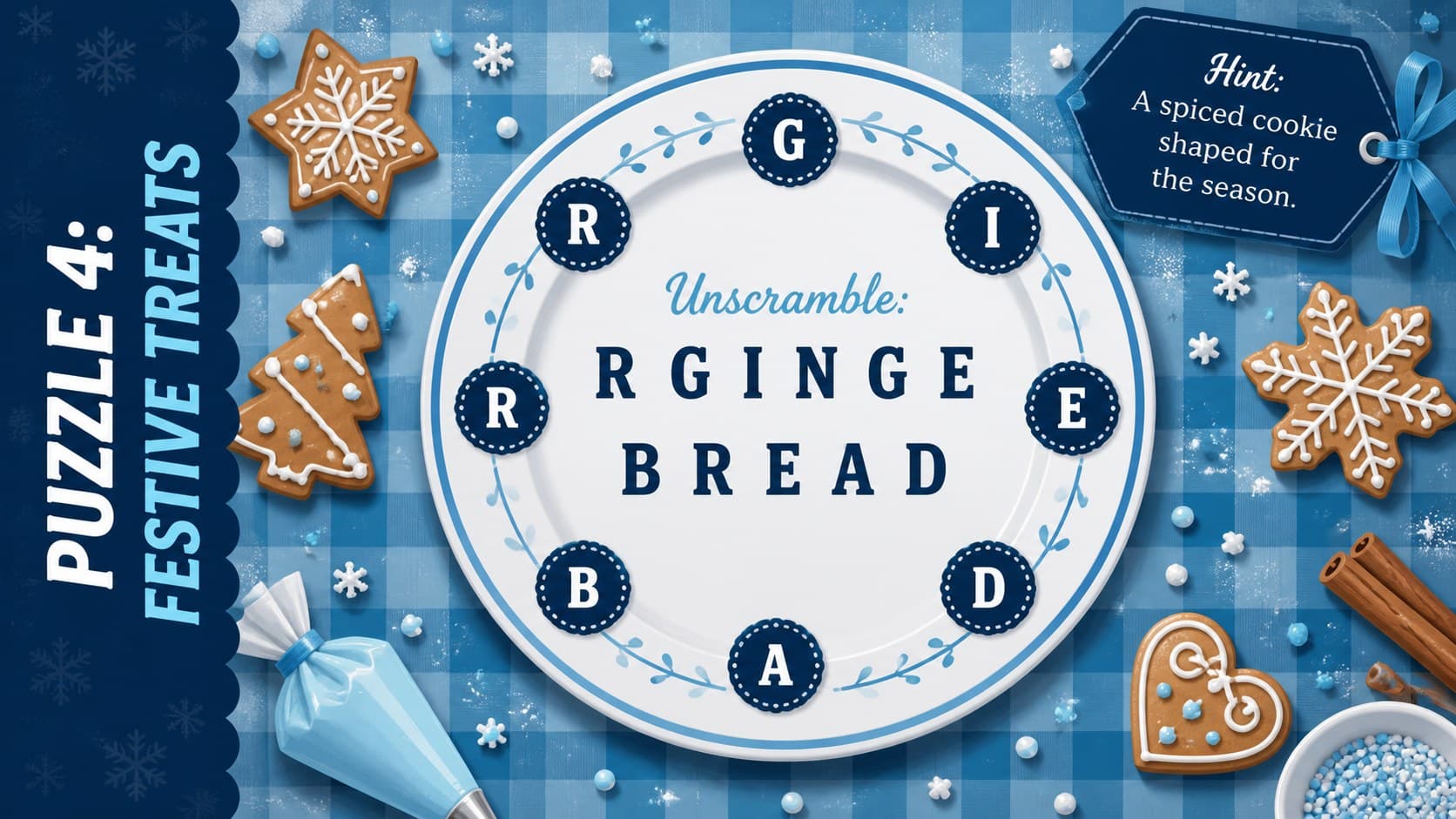 Festive food puzzle from an editable Christmas word scramble deck with gingerbread illustrations.