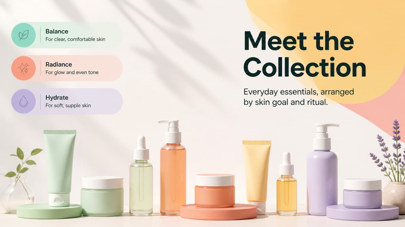 Skincare product showcase introduction slide presenting a colorful beauty collection with editorial product imagery.