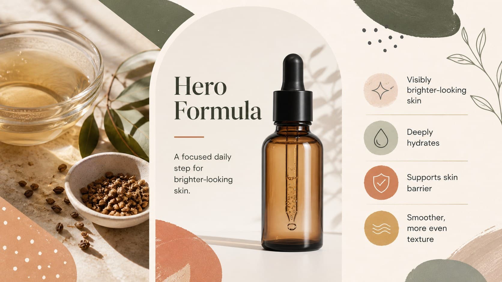Beauty product launch presentation slide featuring a hero serum with benefits and colorful supporting details.