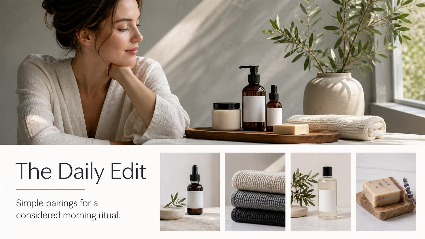 Skincare brand lookbook slide displaying complementary products with colorful editorial photography.