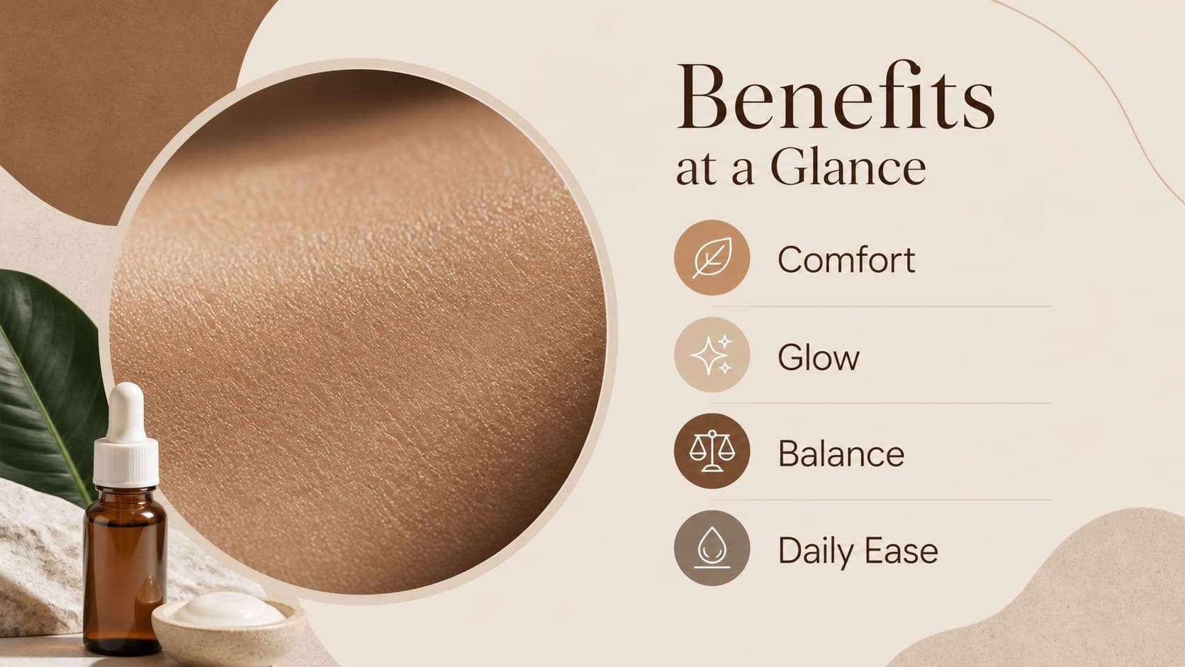 Cosmetics customer benefits slide highlighting skin goals with vivid product imagery and editable callouts.