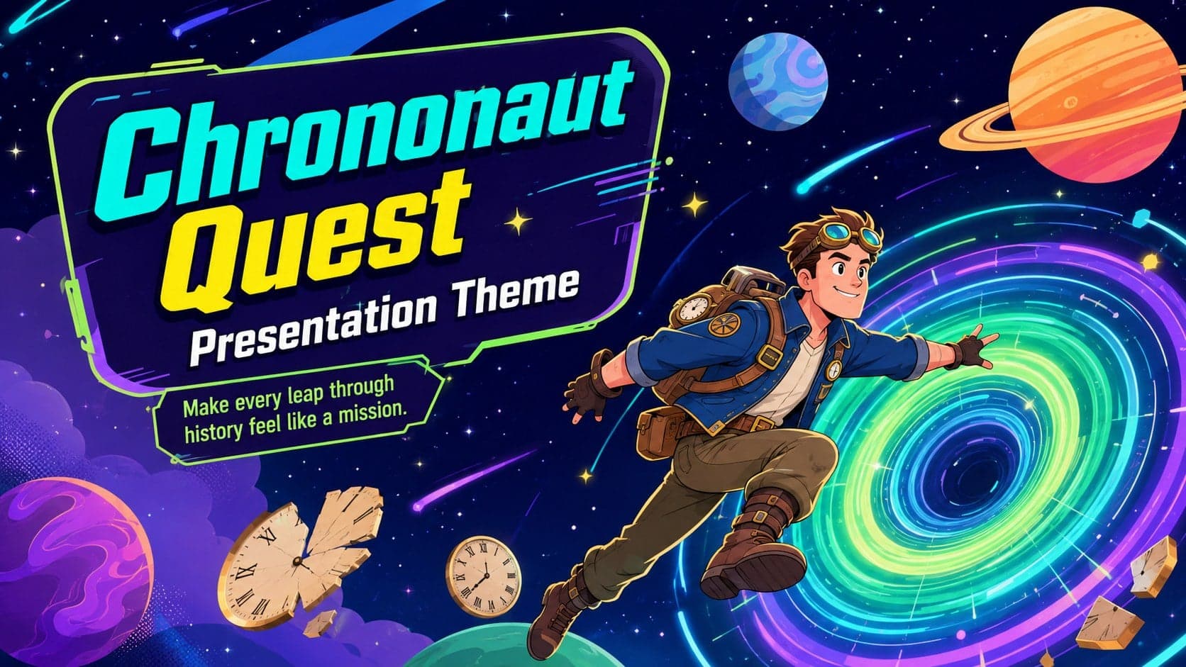 Colorful cover for the Chrononaut Quest Presentation Theme with a cartoon time portal and original space explorer.