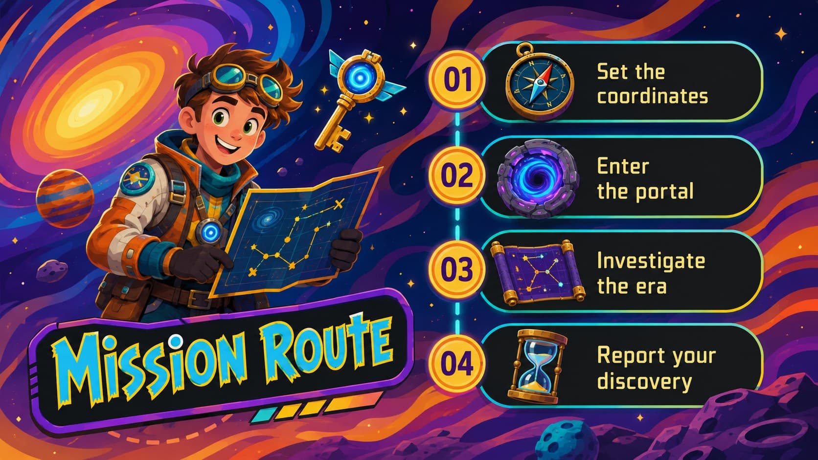 Cartoon time travel agenda slide presenting four stages of a chrononaut classroom mission.