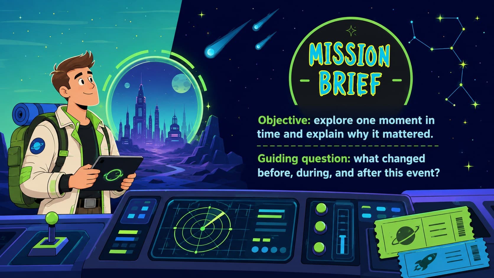 Colorful mission brief layout for an illustrated time travel lesson with objective and guiding question.