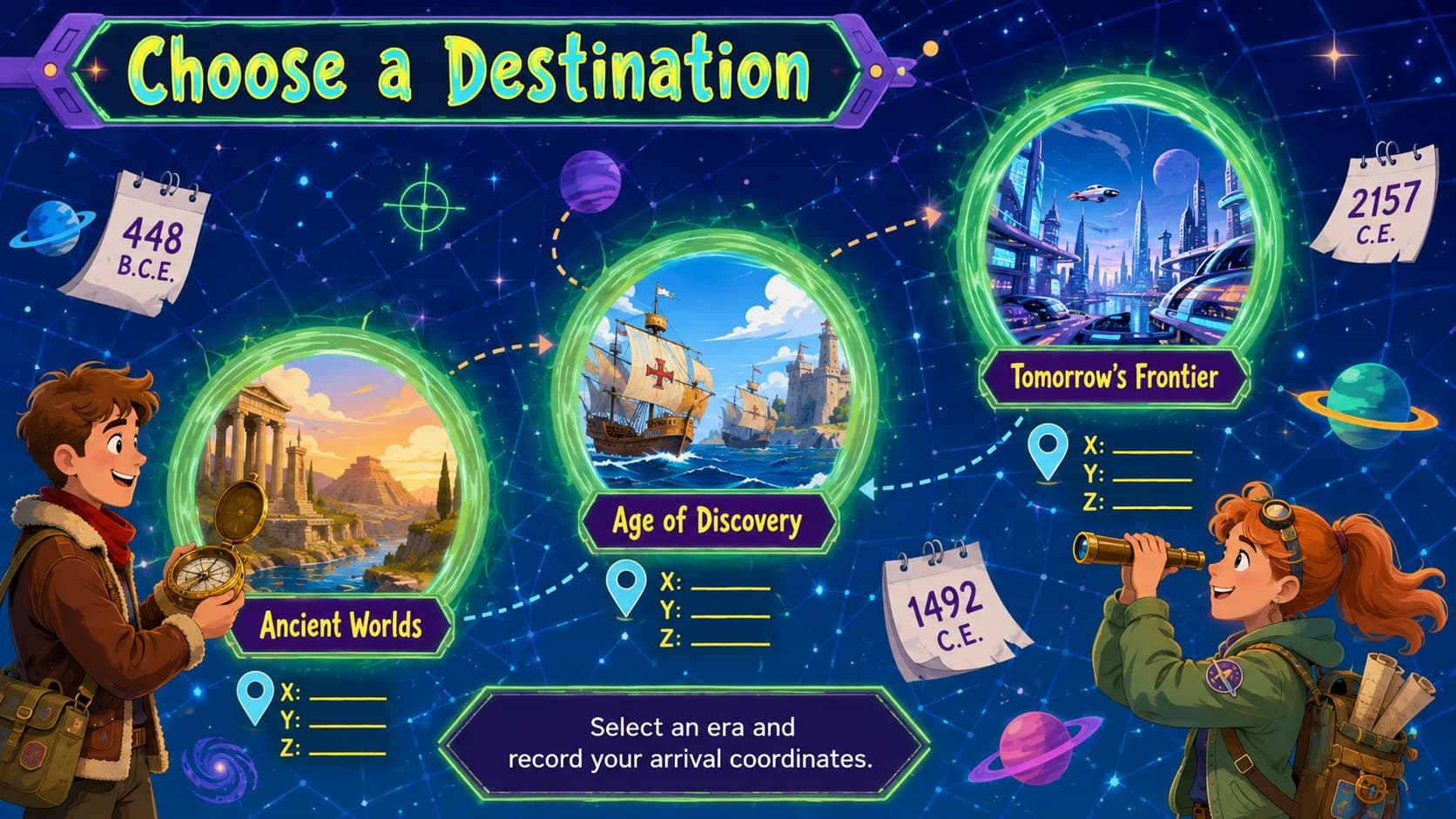 Futuristic history project slide showing three selectable eras as colorful time portal destinations.