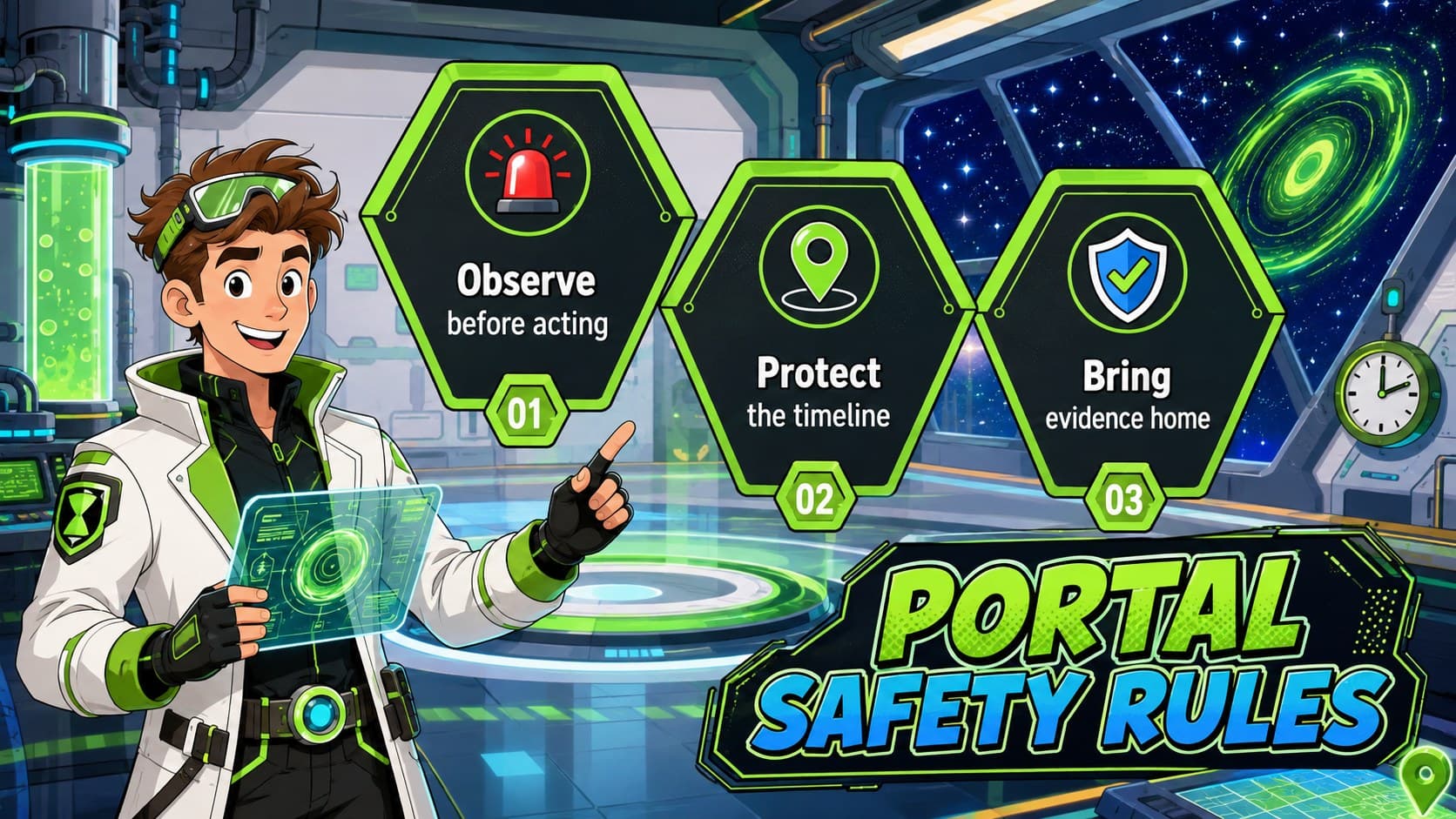 Time machine classroom presentation slide outlining three portal safety rules with cartoon icons.