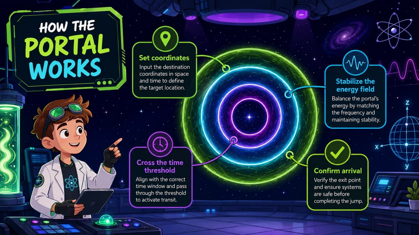 Space-time science explainer slide diagramming how a fictional portal journey works.