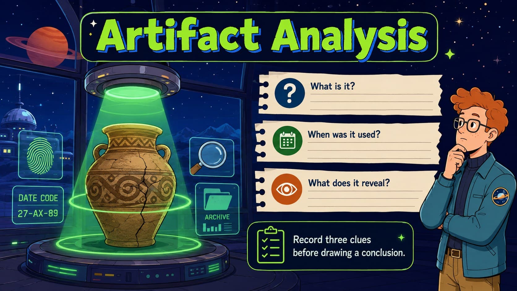 Historical artifact investigation slide with evidence notes in a colorful space adventure deck.