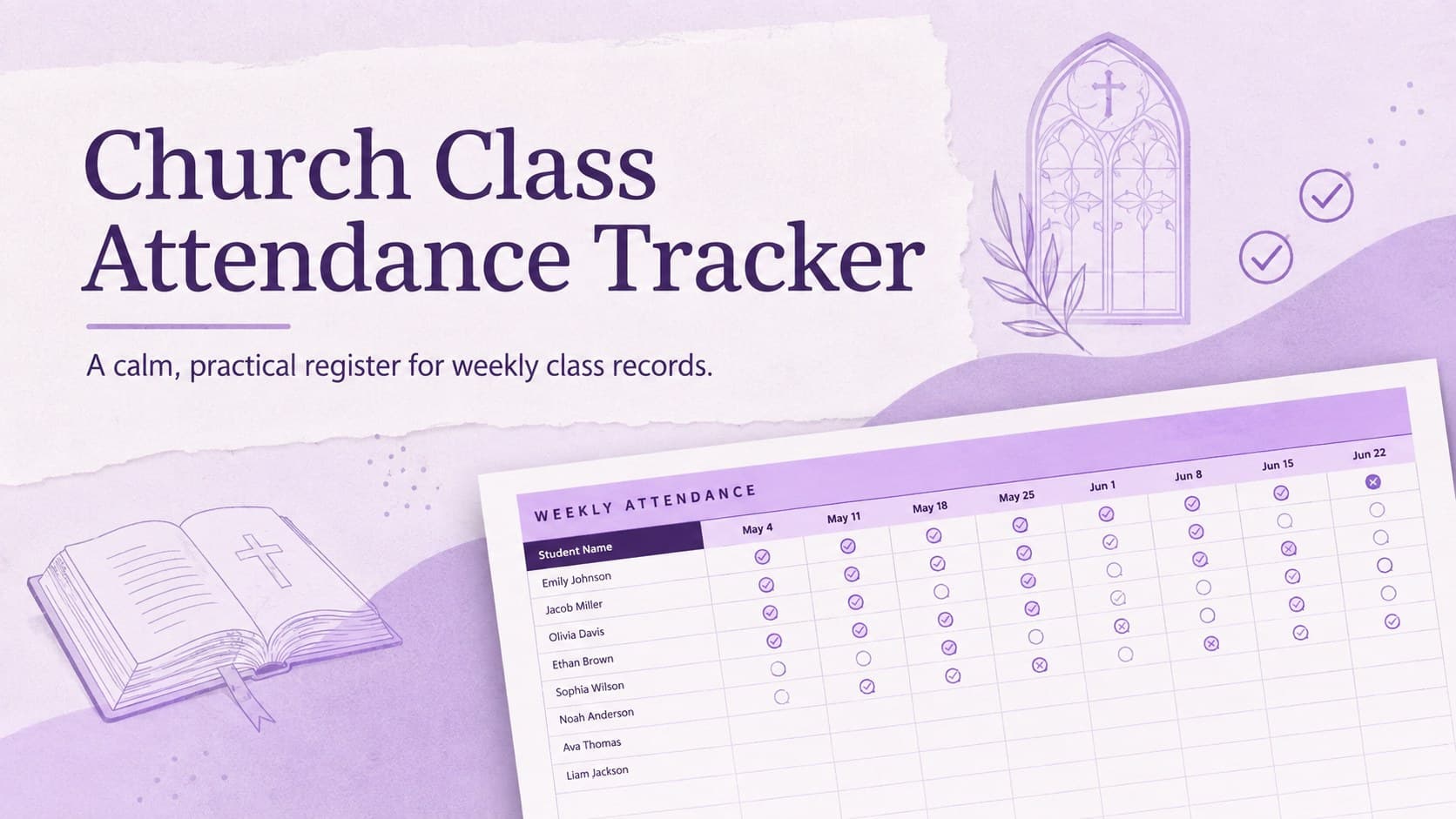Purple cover slide for the Church Class Attendance Tracker with a clean attendance grid preview and ministry-themed line art.