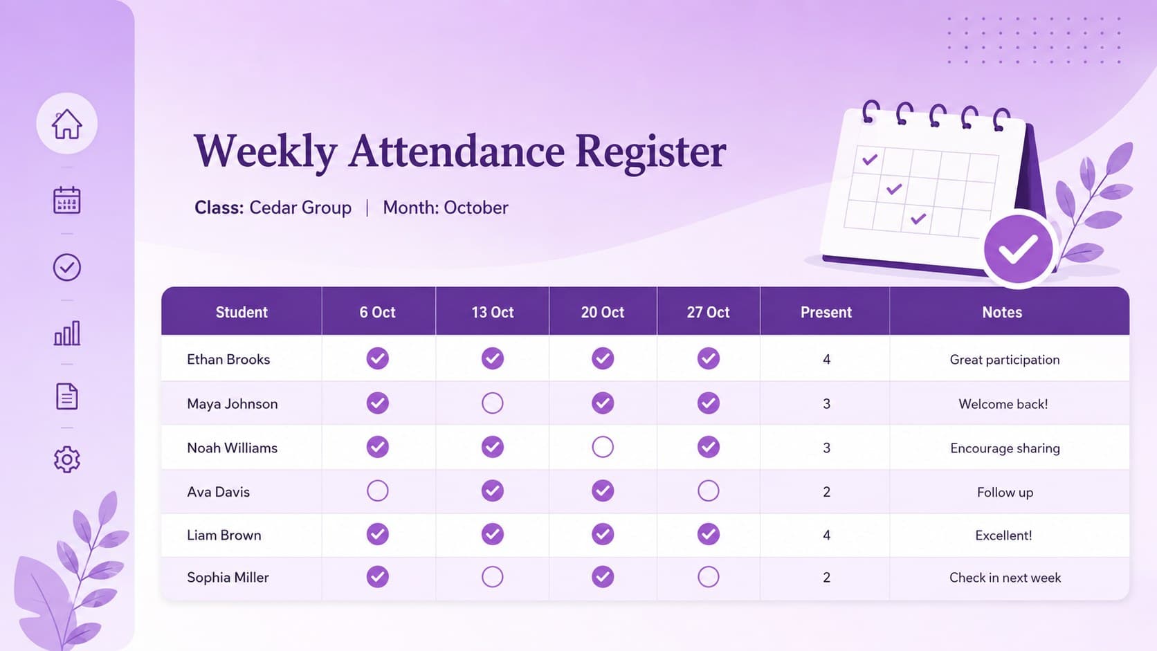 Editable weekly church attendance spreadsheet with student names, October dates, totals, and follow-up notes.