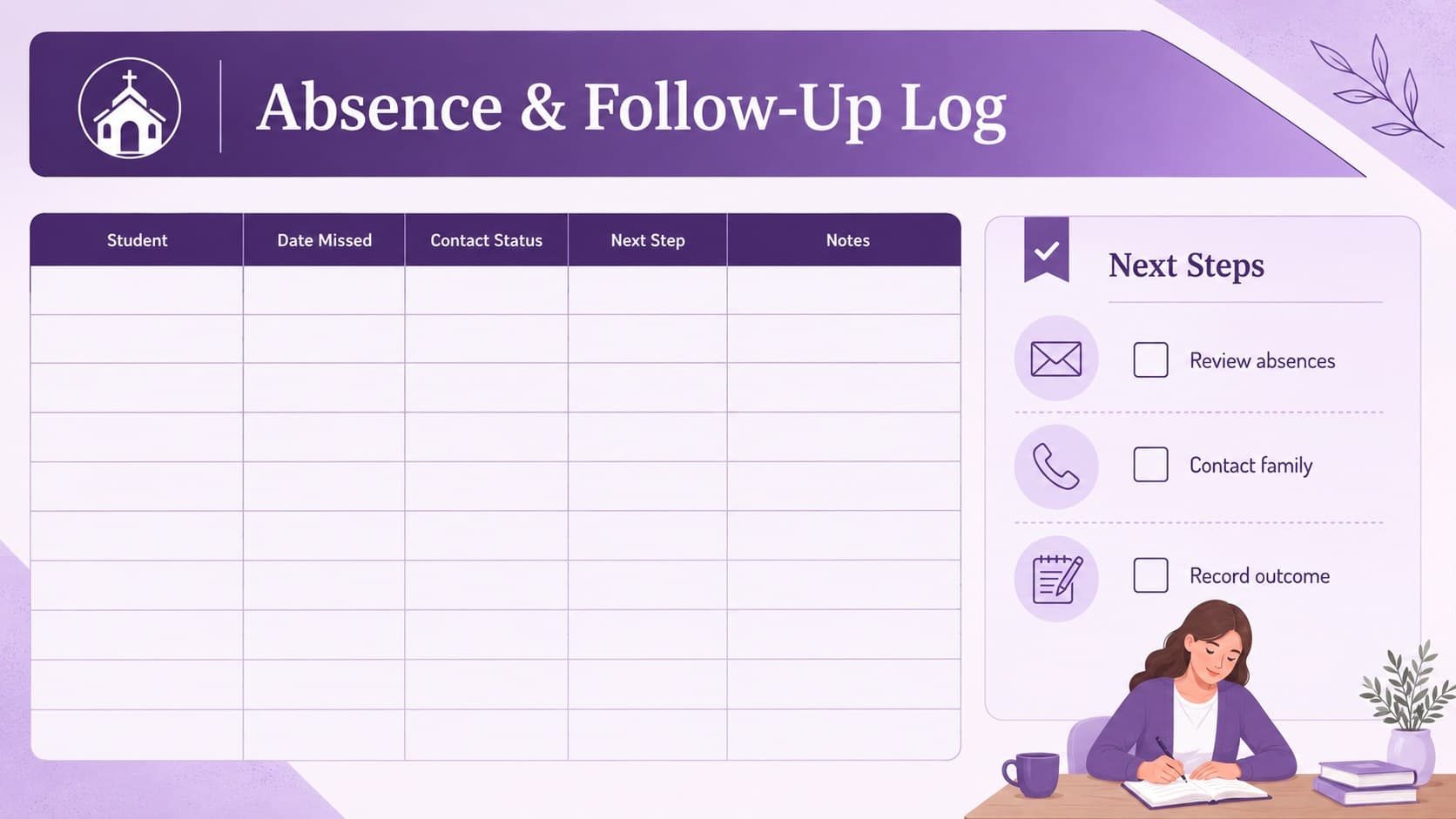 Church class absence and follow-up log with fields for students, missed dates, contact status, and notes.