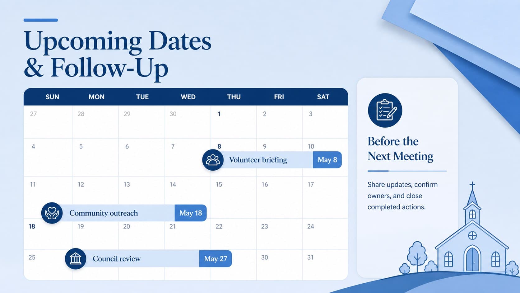 Blue church committee minutes presentation slide with upcoming ministry dates and follow-up notes.