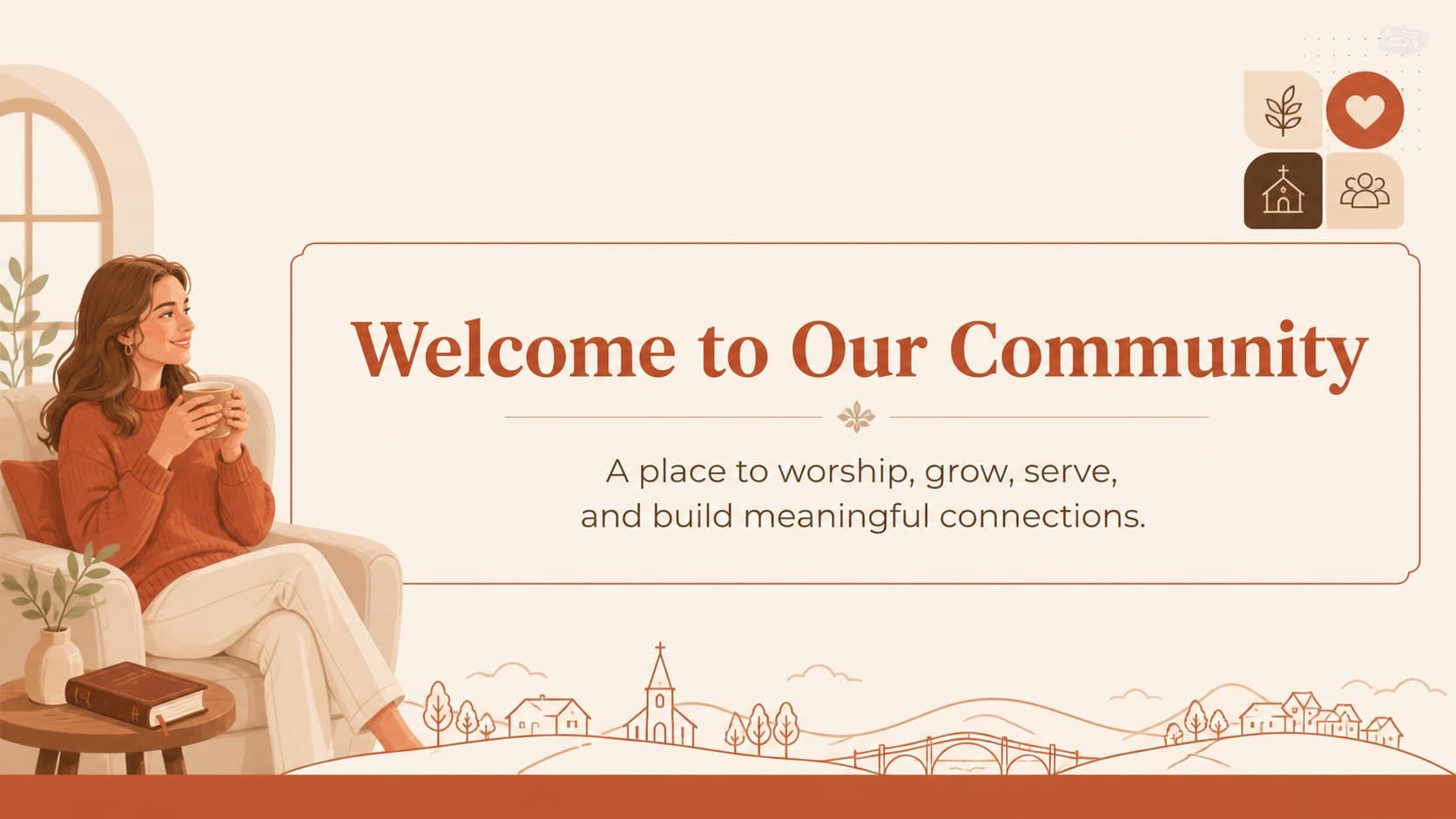 Overview slide showing a church mission and community invitation in an illustrated brochure layout.