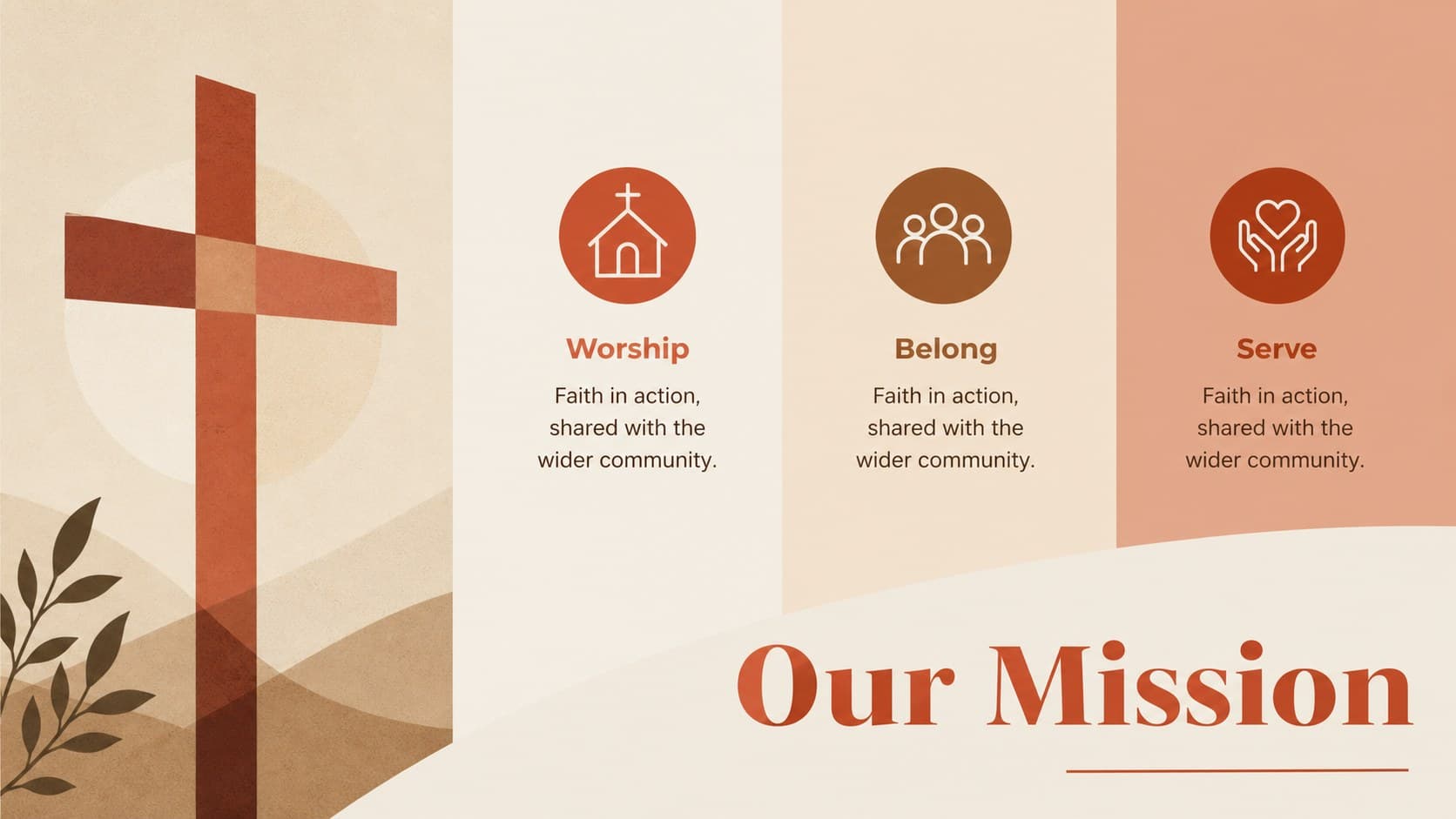 Mission slide presenting church purpose and values with clean red and brown editorial illustrations.