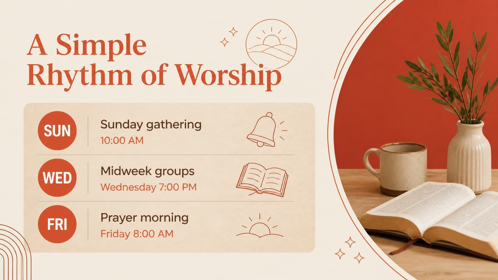 Worship schedule slide with an illustrated weekly rhythm for church visitors.