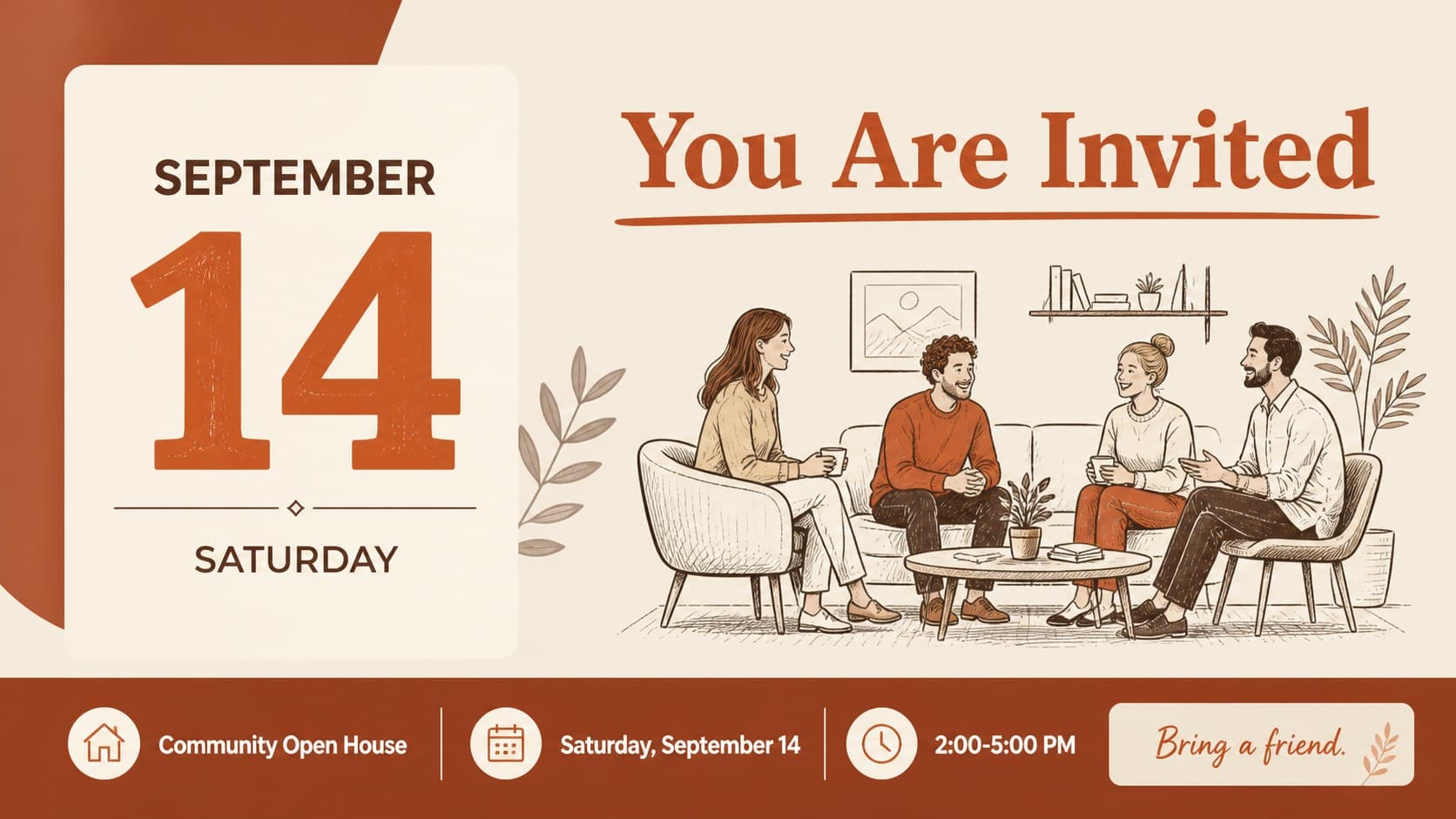 Event invitation slide promoting a welcoming church gathering with editorial red illustrations.