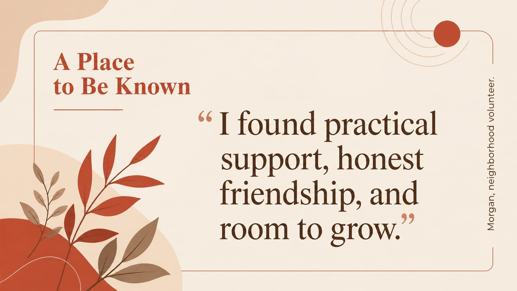 Testimonial slide featuring a community voice and minimalist Christian ministry presentation styling.