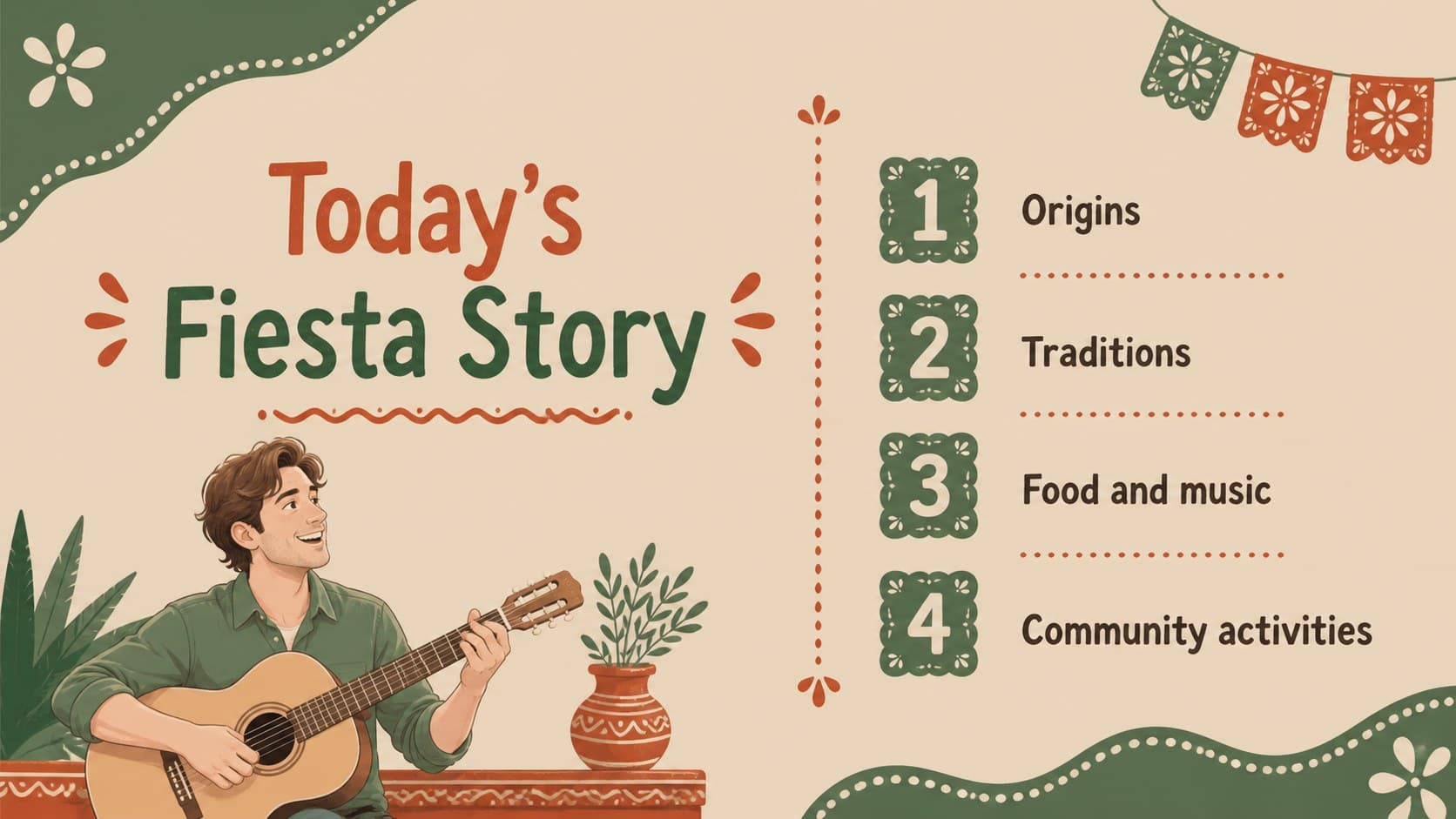 Agenda slide outlining the flow of a Cinco de Mayo cultural celebration presentation.
